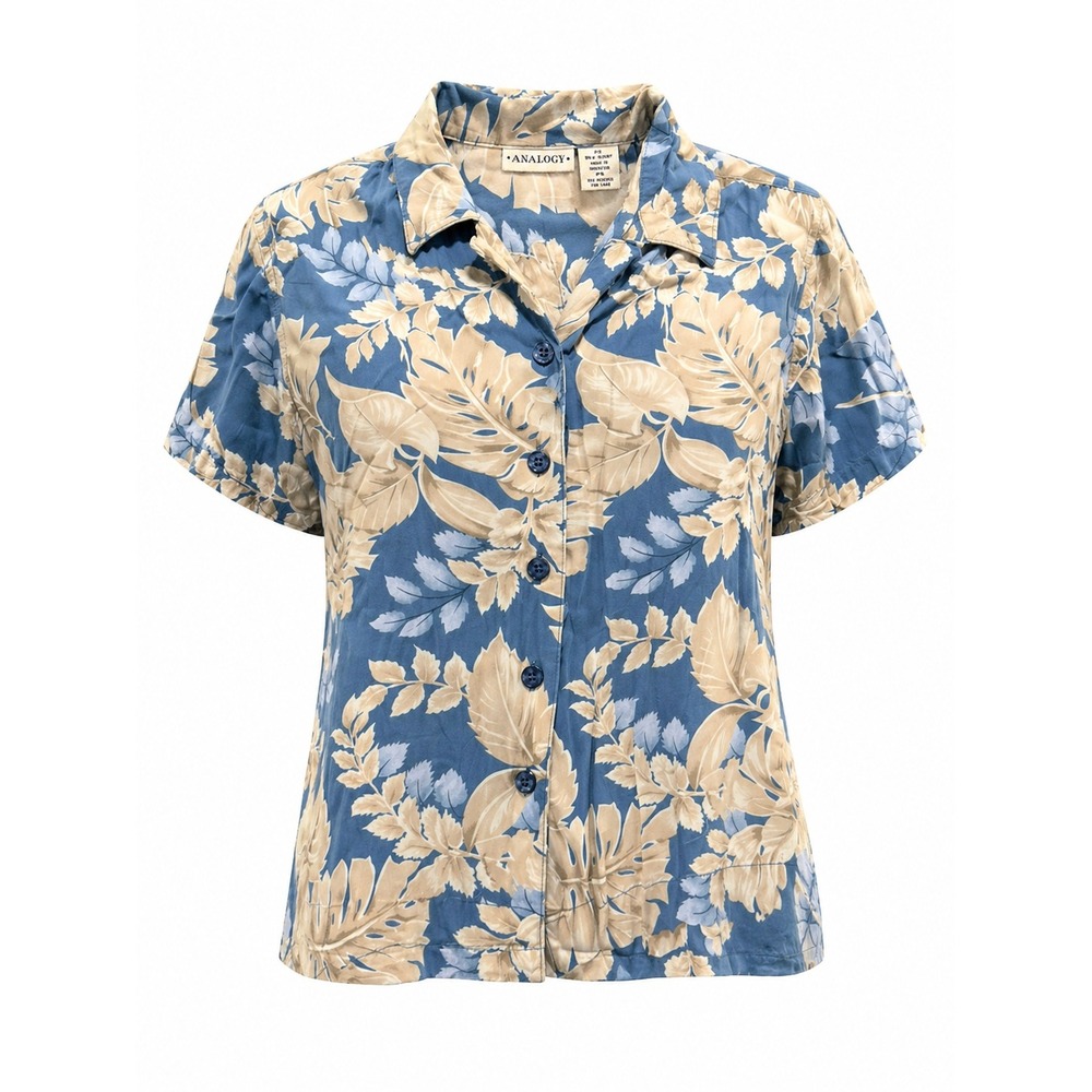 ANALOGY Button Up Shirt Womens‎ PS Blue Beige Floral Hawaiian Tropical